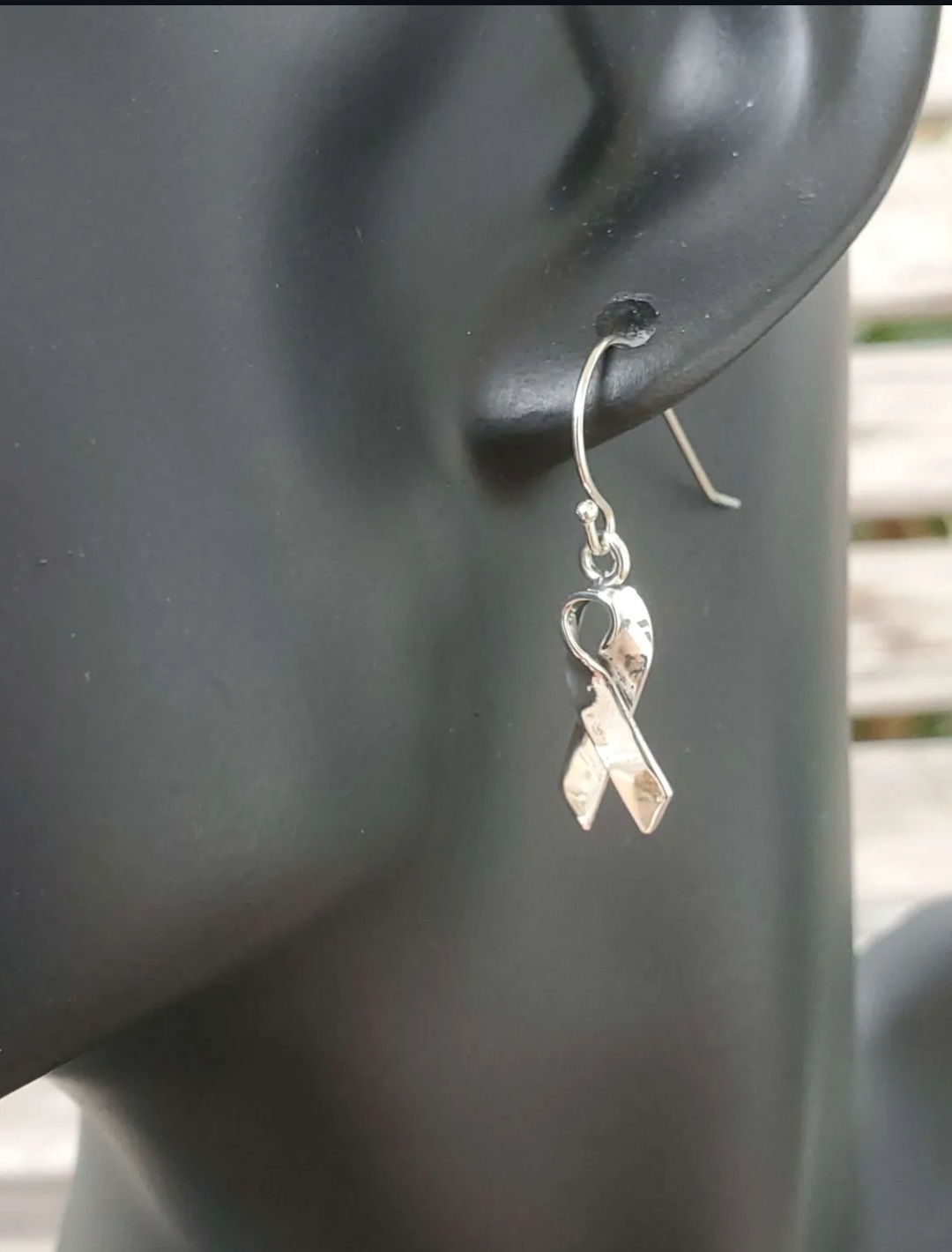 Sterling Silver Cancer Ribbon French Wire Earrings shown on mannequin