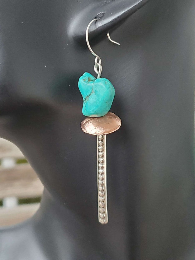 Sterling Silver Earring stacked with dyed turquoise stones, copper discs and textured sterling silver wire on french wire.
