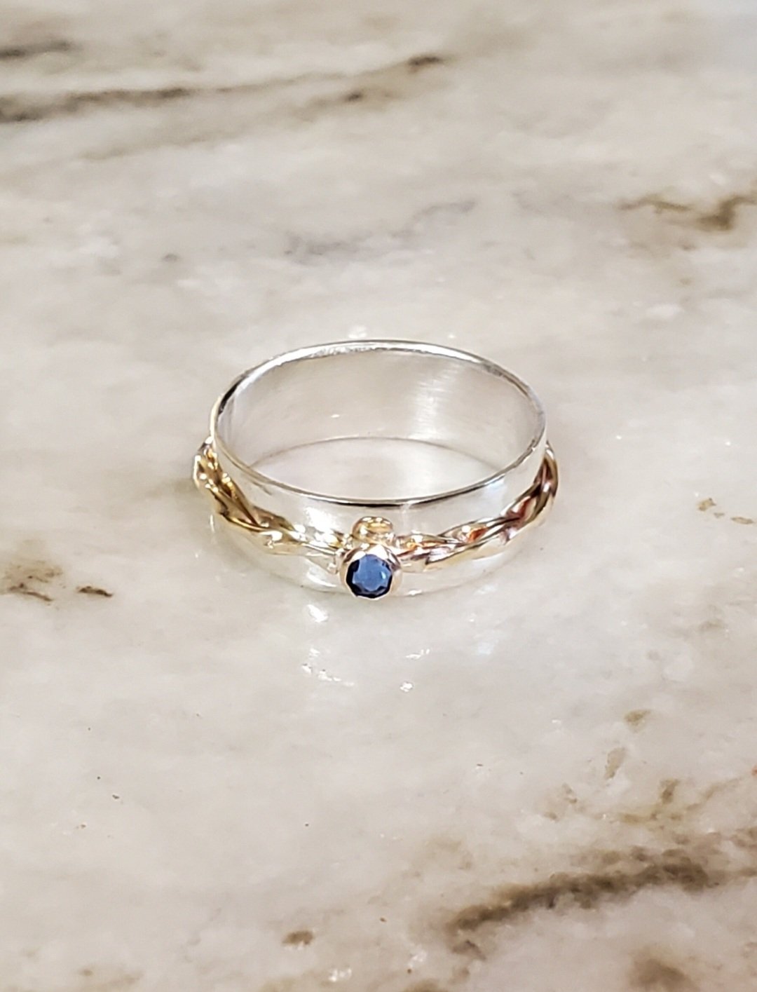 Smooth Sterling Silver Band with a Twisted Brass Spinner Ring on crystal gemstone