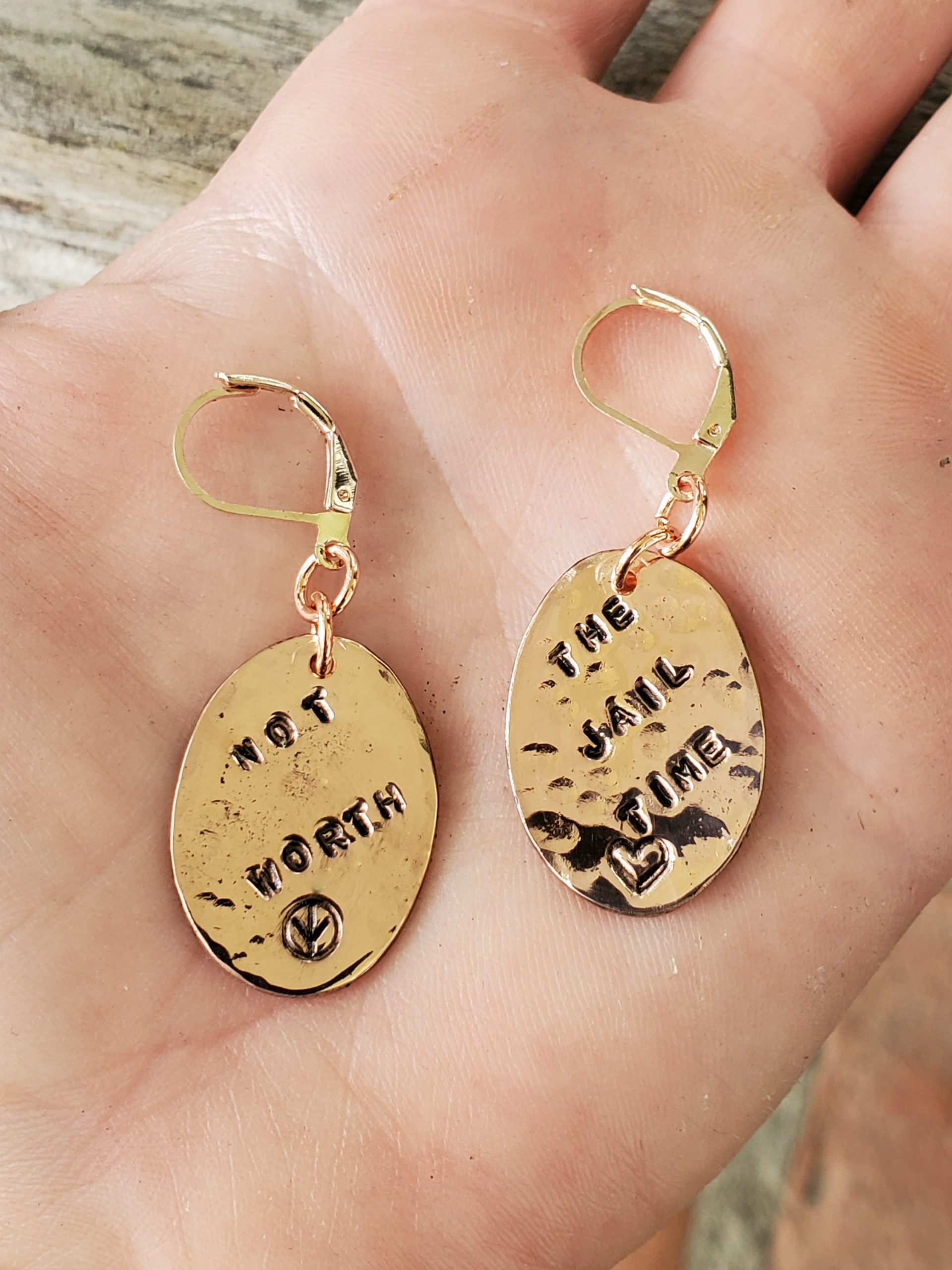 Not Worth The Jail Time Copper Oval Earrings with a hammered polished texture
