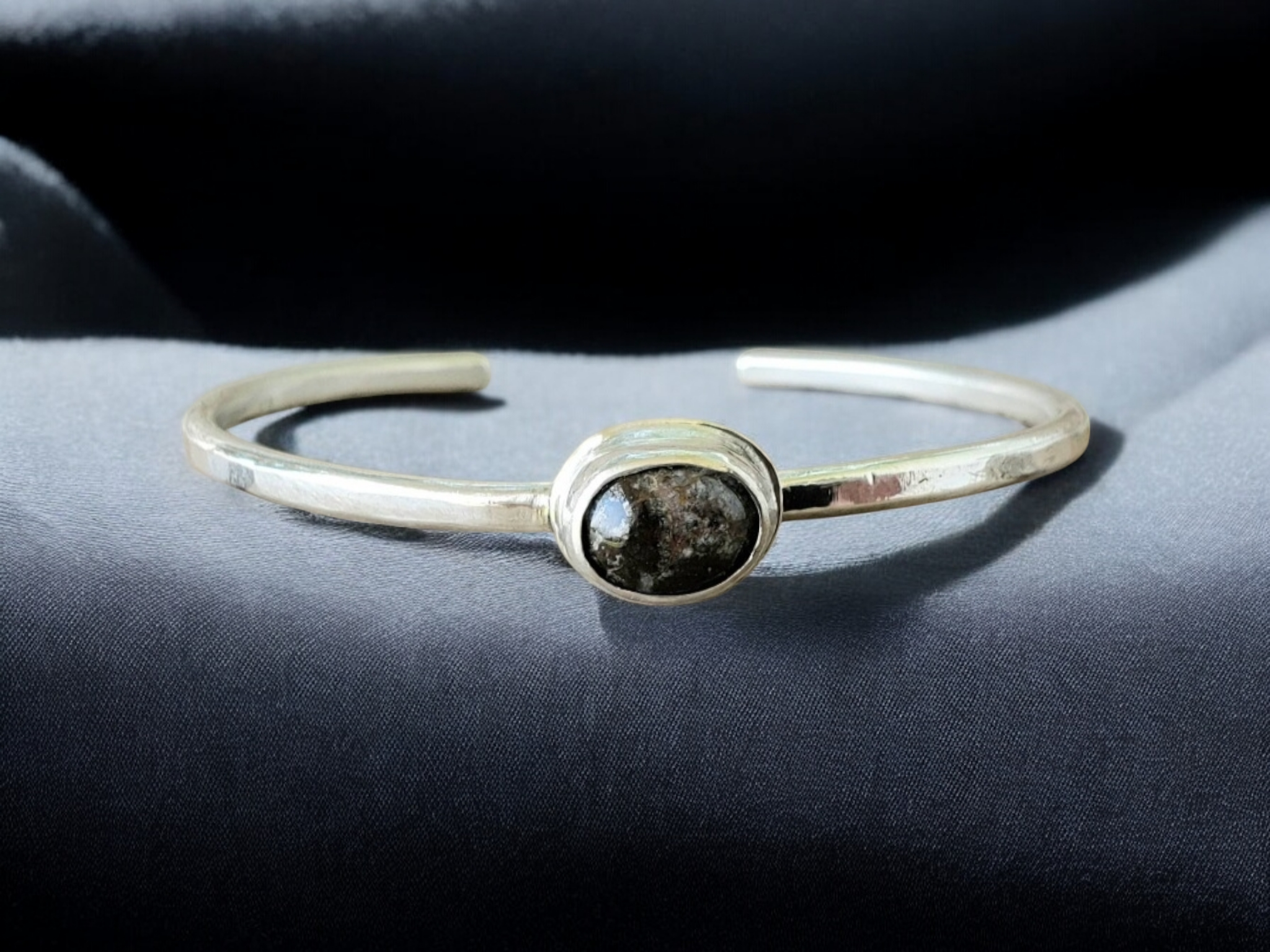 Black Agate Cabochon in Sterling Bezel Setting on a Sterling Silver Bangle Bracelet