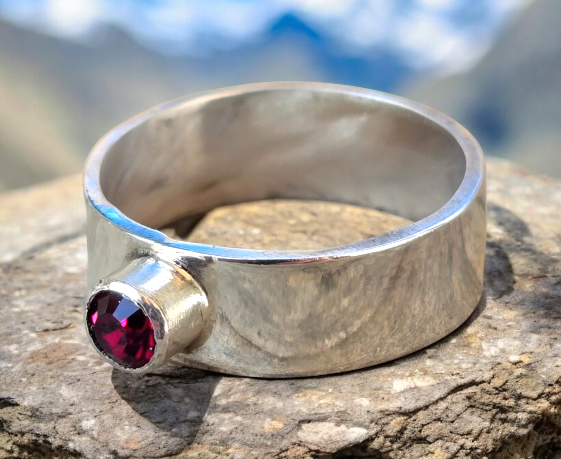 Wide Sterling Silver Garnet Crystal Ring