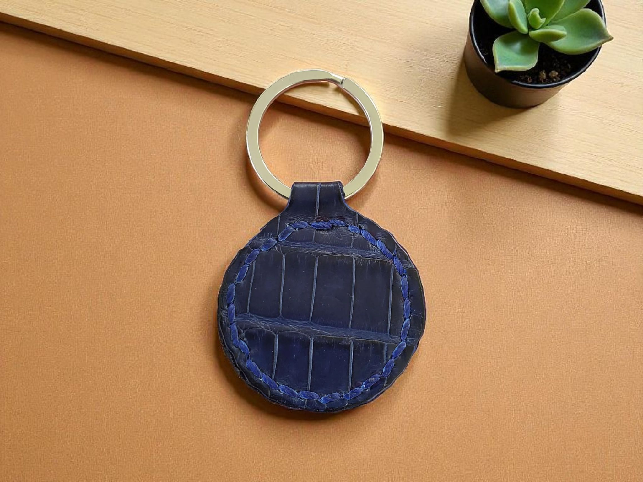 Round Blue Genuine American Alligator Leather Stainless Steel Key Ring